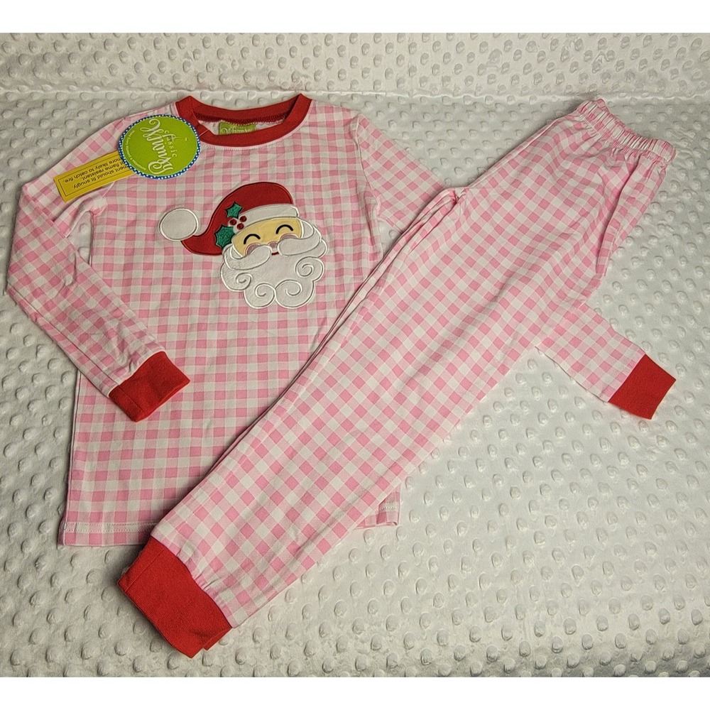 NWT Classic Whimsy Pink Gingham Happy Santa Christmas Knit Pajamas PJs size 8